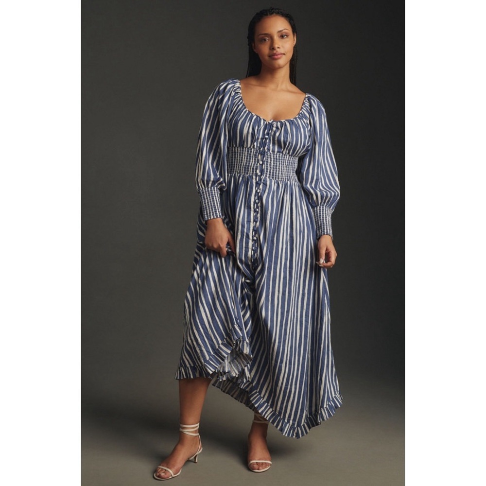 Anthropologie Navy and White Vertical-Stripe Smocked Maxi Dress